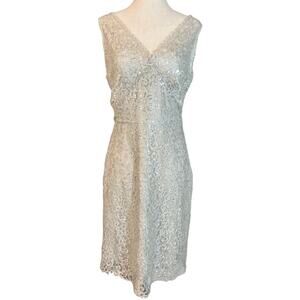 BCBG MaxAzria Eyelash Lace Metallic Silver Taupe V Neck Cocktail Dress 6